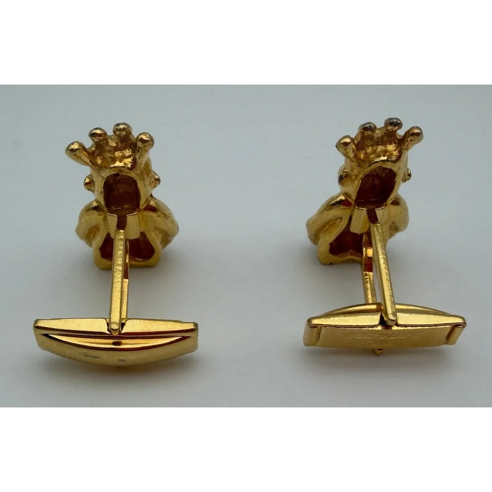 Vintage Gold Tone King Figural Cufflinks Green Red Stone Accents Pat 2974381